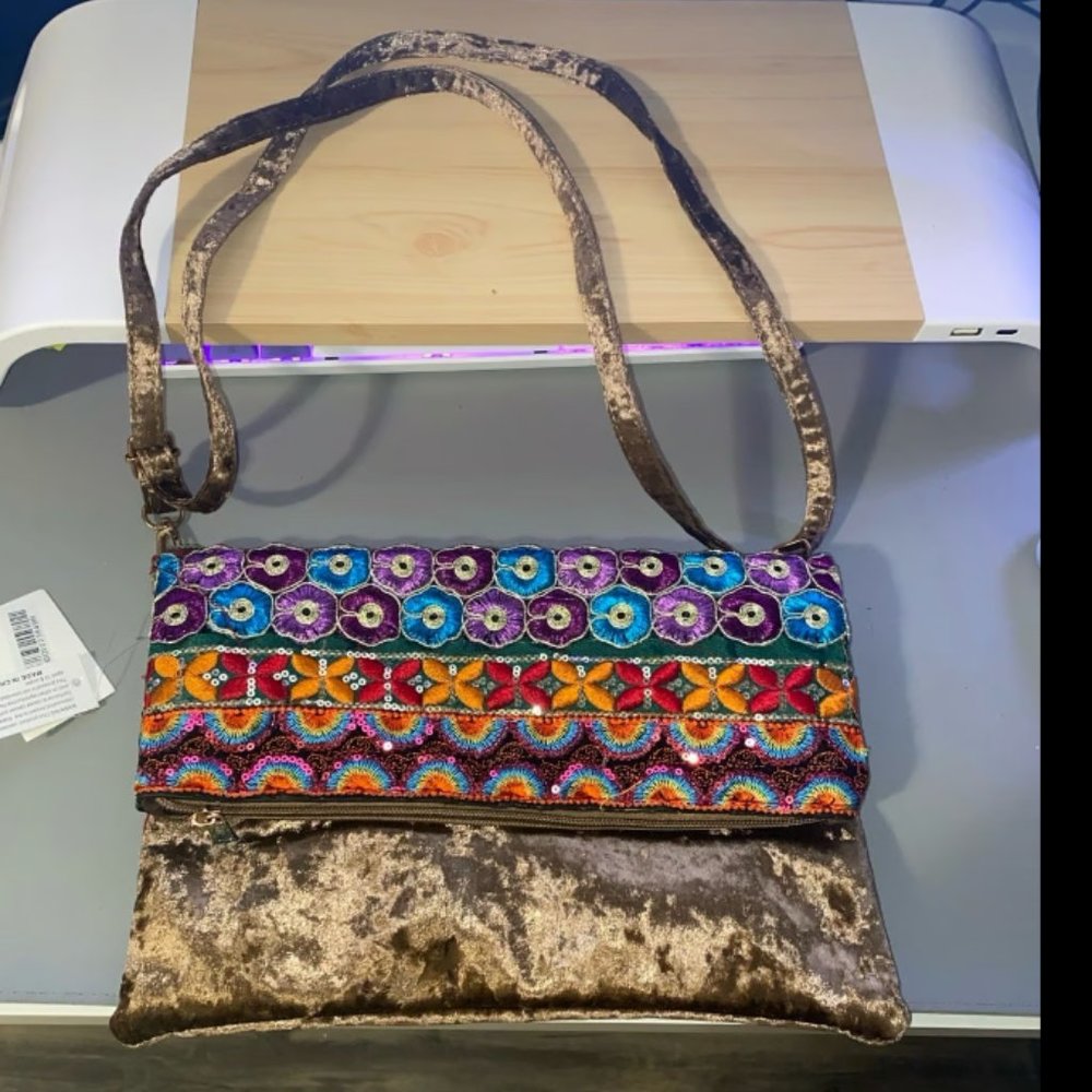 Elegant fashion purse, brown velvet with colorful embroidered designs, bag